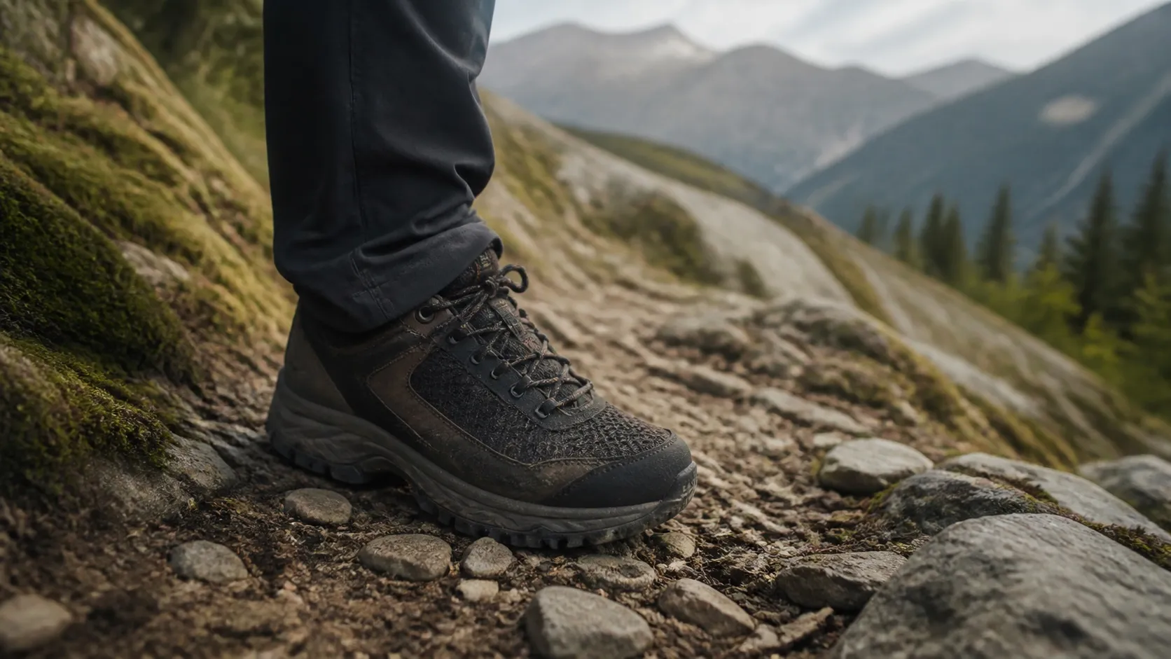 Herren-Outdoorschuh auf einem Waldweg